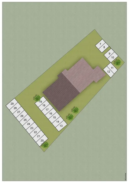 Lageplan Gebäude mit den PKW Freistellplätzen im SN Nr. 13, 14, 15, 16, 20, 21, 28 und 29. 