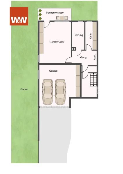 Doppelgarage im UG mit Wohnungskeller, Geräte, Heizungs- mit Ölvorratsraum . Waschmaschinen- und Trockneranschluss pro Wohnung. 