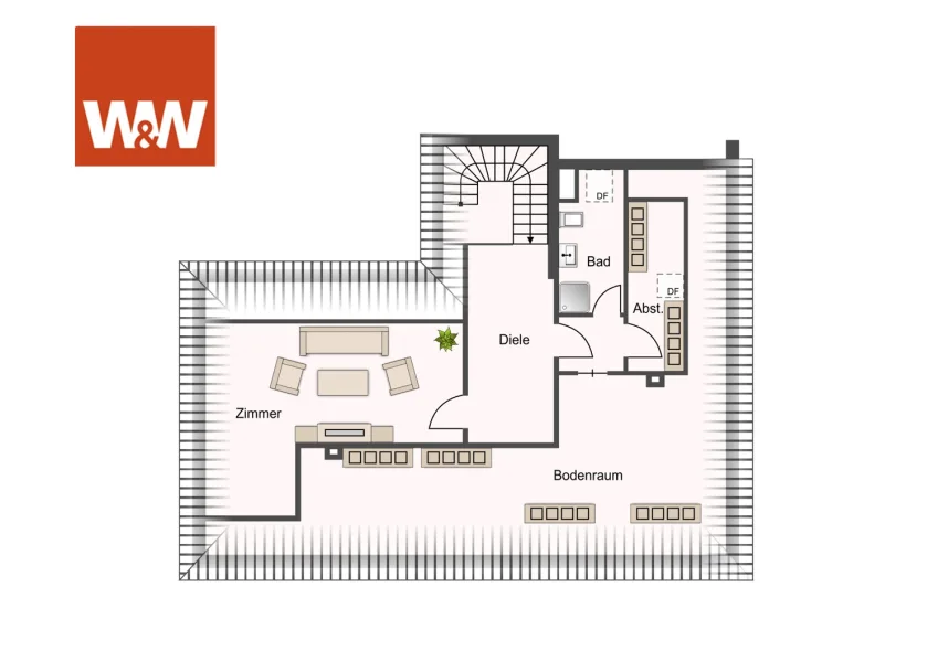 Bühnenraum und ausgebautes Zimmer mit Duschbad im DG als Nutzfläche. 