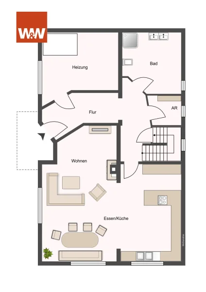 EG mit Heizungsraum/ Pelletlager, Gäste WC mit Dusche, Abstellraum, Küche mit Kochinsel und ESS - Wohnzimmer 