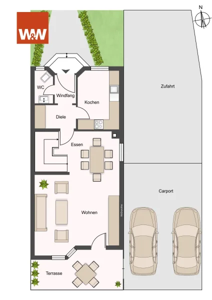 EG mit Sonnenterrasse, Garten und zwei Carports