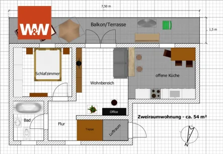 Grundriss 2 R - Terasse 1. OG - Wohnung mieten in Lampertswalde / Quersa - 2-Raum-Wohnung mit Balkon und Gartennutzung - Heizung mit erneuerbarer Energie