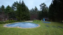 Blick in den garten mit Pool