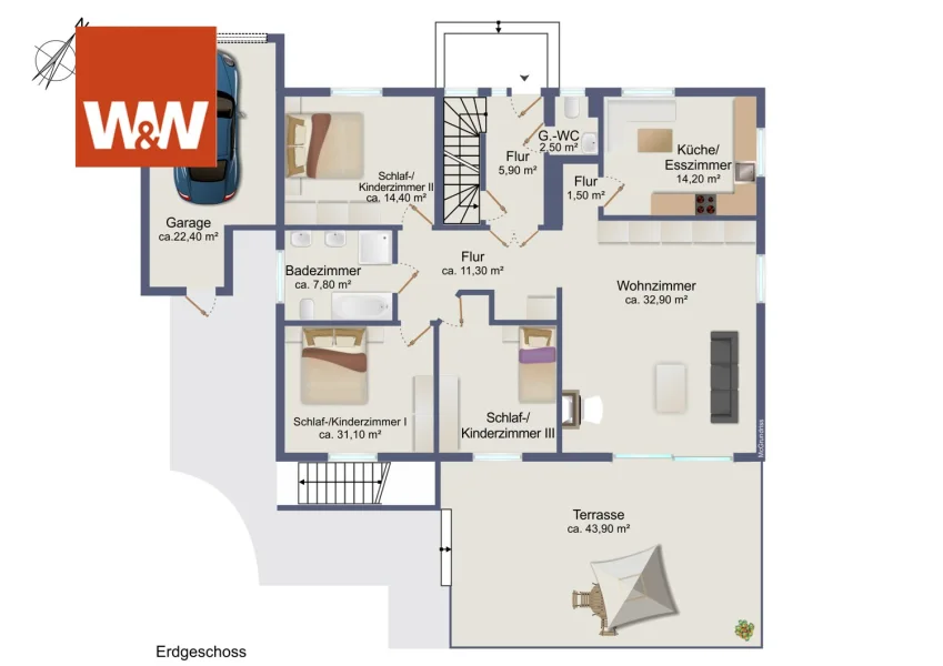 Grundriss Gartenwohnung mit Terrasse und Garage