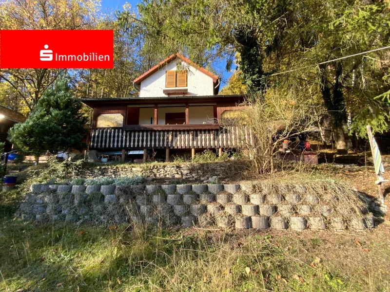 Wochenendhaus - Vorderansicht - Haus kaufen in Rudolstadt - Wochenendhaus mit Blockhütte auf großem Gartengrundstück