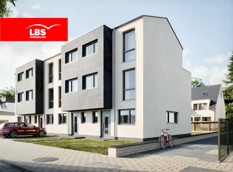 Vorderansicht Häuser 1-4 - Haus kaufen in Maintal - **"Wohnen am Weiher" - bezugsfertiger NEUBAU : Modernes Reihenendhaus  mit Keller in Bischofsheim***