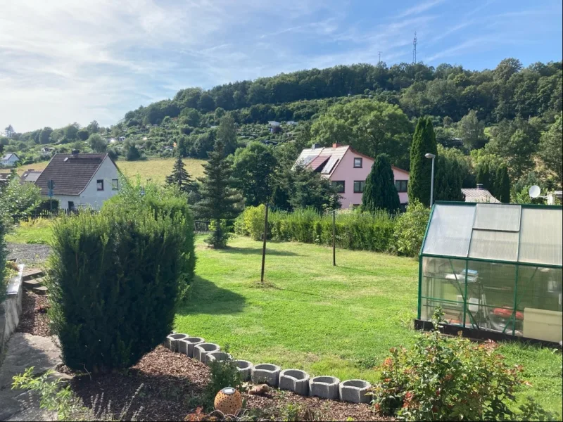 ...Blick in den großen sonnigen Hausgarten