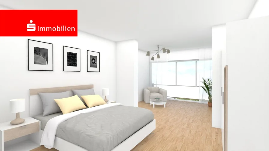 Visualisierung: Schlafzimmer mit Blick zur Terrasse - Wohnung kaufen in Jena - Neu erbaute 4,5-Zimmer-Dachgeschosswohnung in Jena Nord