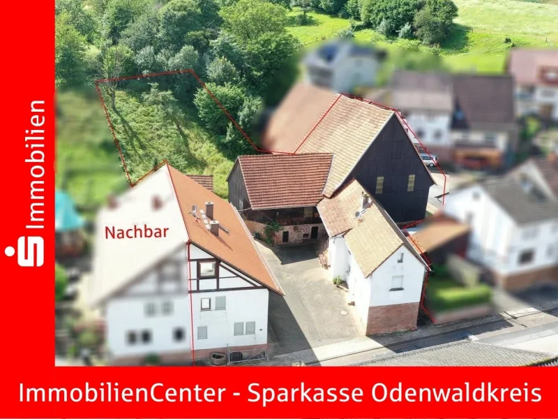 Titelbild - Haus kaufen in Oberzent - Ehemaliger Hof mit Wohnhaus (DHH) - Nebengebäude mit 3 ZKB - Scheune - Wiesen und Wald optional