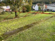 Komplettes Grundstück links und rechts vom Zaun und hintere Grundstücksgrenze