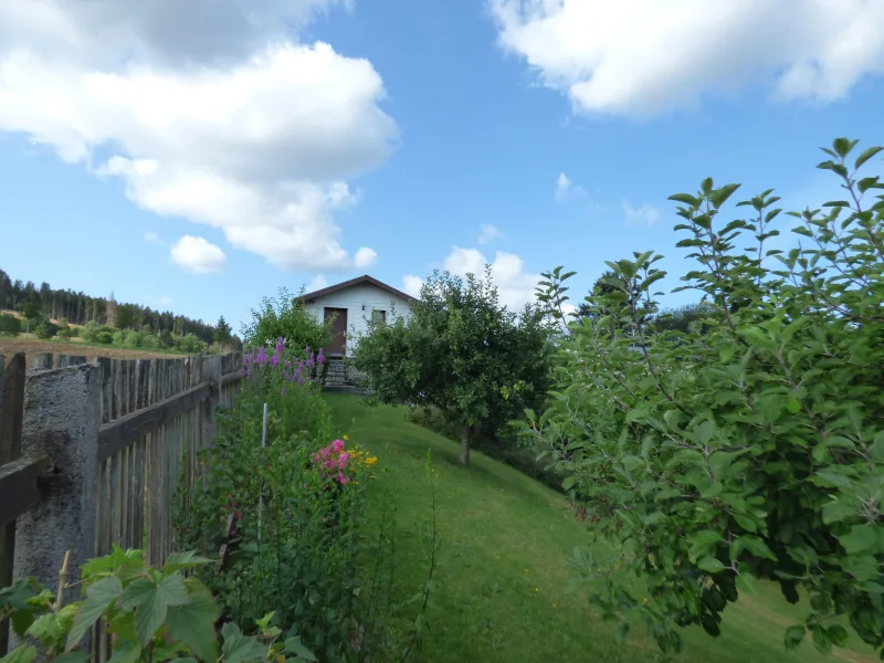 Blick vom Garten zum Bungalow und angrenzendes Feld