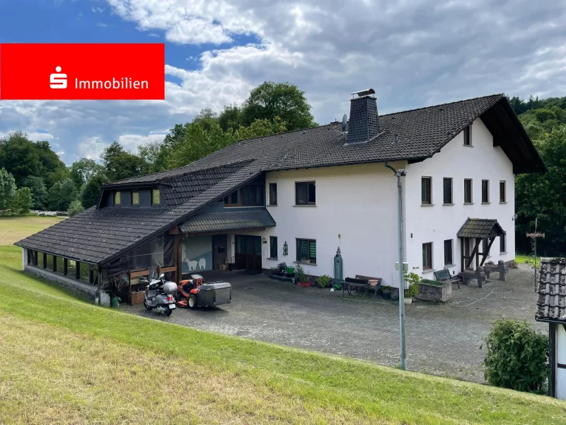 Vorderansicht mit Garage - Haus kaufen in Steinau - +++ ALLEINLAGE – Einzigartiges ehemaliges Mühlen-Anwesen mit viel Platz, Land und Gebäuden +++