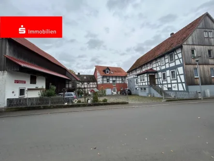 Blick von Gegenüber  - Haus kaufen in Frielendorf - Schöner Hof mit insgesamt 3 Gebäuden, 4 Wohnungen, Ausbaureserve, komplett vermietet!