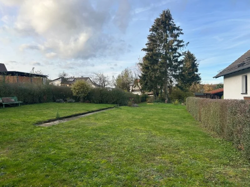 der mögliche Bauplatz hinter dem Haus sowie der Garten (dort wo die Tanne steht)