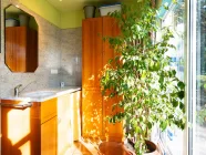 Das helle Tageslicht-Badezimmer mit Dusche, Waschbecken und Badewanne