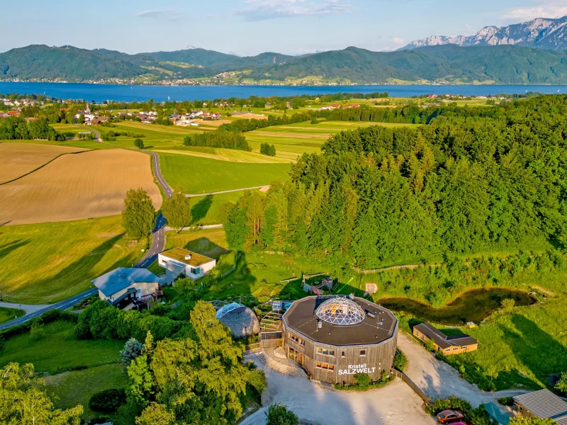 Die Drohnenaufnahme von Westen - der Attersee im Hintergrund - Haus kaufen in Straß im Attergau - Anwesen am Attersee: Immobilie mit 7.000 m² Tourismuswidmung, naturnahe Bauweise und Salzräume