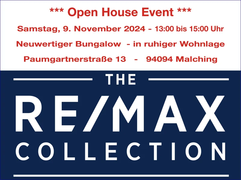 Open House - Paumgartnerstr. 13 - 94094 Malching - Haus kaufen in Malching - *** Open House Event *** Samstag, den 09.11.2024 von 13:00 bis 15:00 Uhr! Neuwertiger Bungalow in Malching