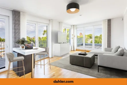 Wohnbereich mit Zugang zum Balkon und zur Terrasse (virtuelles Staging) - Wohnung kaufen in Berlin / Köpenick - Neues Wohnerlebnis: Großzügiger Außenbereich mit Weitblick – ganzjährig genießen