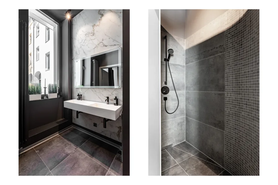 Designer-Badezimmer mit Zwei Toiletten und Runddusche