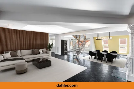 Wohnbereich mit Zugang zur Galerie - Wohnung kaufen in Berlin / Charlottenburg - Exklusive Dachgeschosswohnung mit großer Dachterrasse