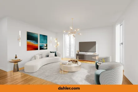 Wohn- und Essbereich (Virtual Staging) - Wohnung kaufen in Frankfurt am Main / Gallusviertel - Moderne Penthouse-Wohnung im Staffelgeschoss mit Dachterrasse