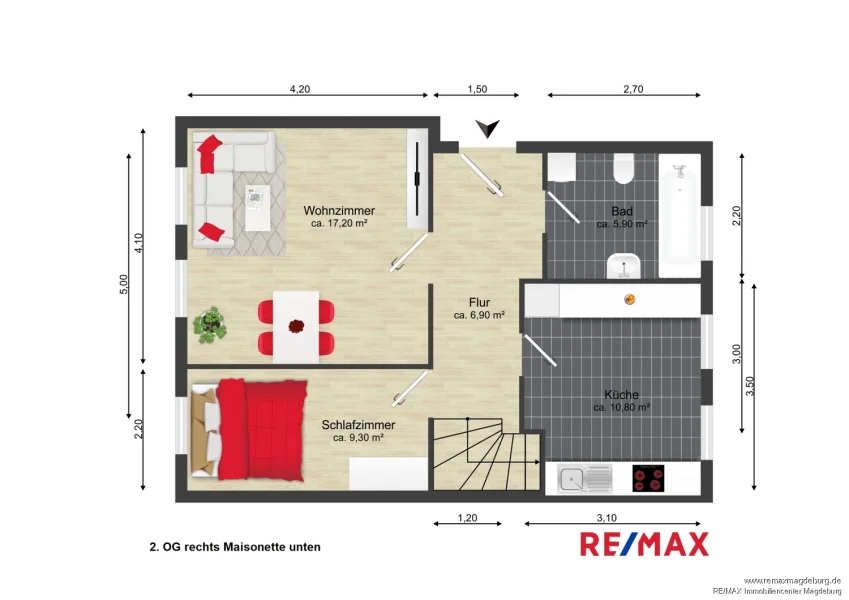 Grundriss 2.OG rechts Maisonette unten