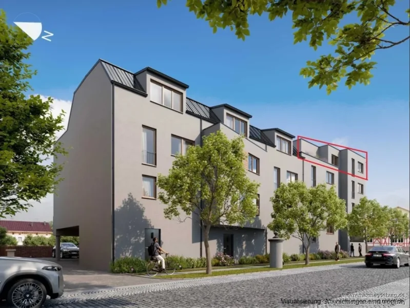 Penthouse- Seitenansicht Straße Visualisierung - Wohnung kaufen in Quedlinburg - Neubau - Schönes Wohnen im Palais Q - Penthouse-Wohnung in Quedlinburg WE.07 - 3. OG re. außen