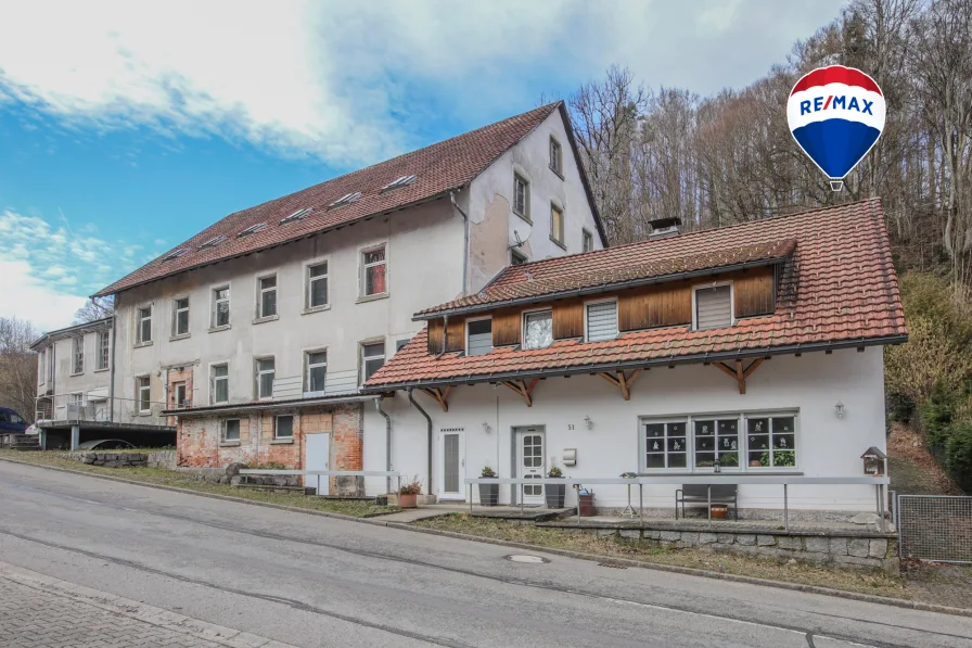 Außenansicht - Haus kaufen in Görwihl - Einfamilienhaus mit zwei Lagerhallen für Handwerker in Tiefenstein