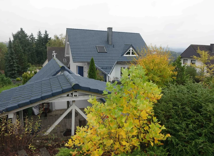 Gartenansicht auf Garage und Haus