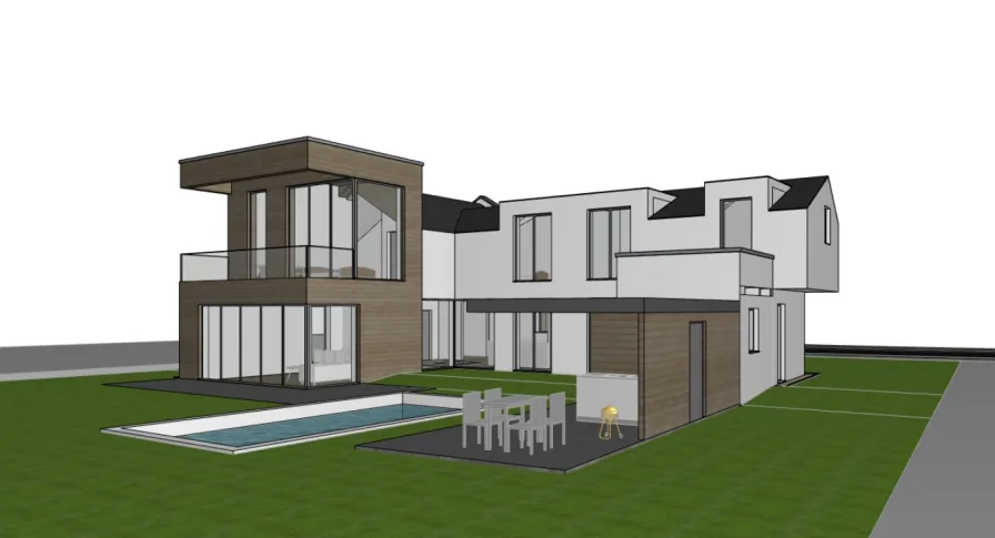 3D-Ansicht, Planungsbeispiel Einfamilienhaus mit Pool - Grundstück kaufen in Meddewade - So könnte Ihr Haus aussehen - Baugrundstück mit Baugenehmigung und Planung