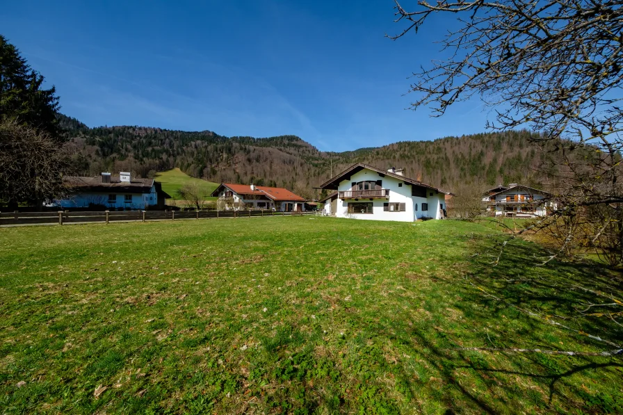 Blick von Südosten auf das Grundstück mit Altbestand