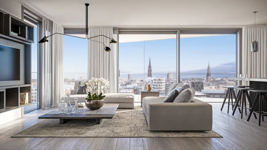 Wohnzimmer Impression - Wohnung kaufen in Hamburg / HafenCity - Spektakuläre Ausblicke über die Stadt und den Hafen  - im Neubauprojekt  "The Crown"