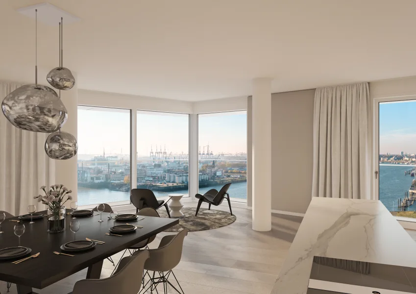 Wohnküche Impression - Wohnung kaufen in Hamburg, HafenCity - Exklusive Vier-Zimmer-Wohnung im Luxustower FiftyNine mit Weitblicken über die Elbe