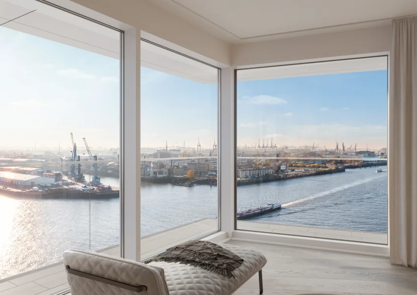 Ausblick Impression - Wohnung kaufen in Hamburg, HafenCity - Panoramablicke über die Elbe - Exklusive Vier-Zimmer-Wohnung auf der Strandkaispitze im Luxustower FiftyNine