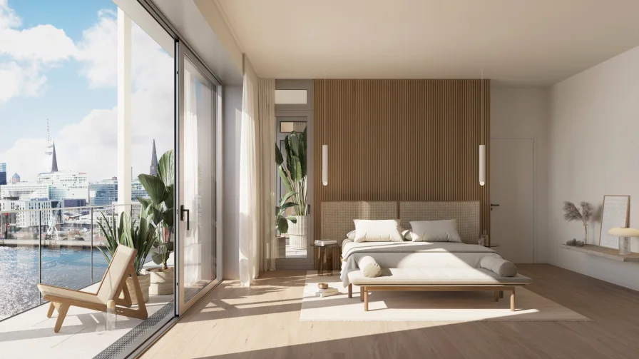 Schlafzimmer Impression - Wohnung kaufen in Hamburg - Exklusives vier-Zimmer-Apartment im Luxus Tower "PULSE"
