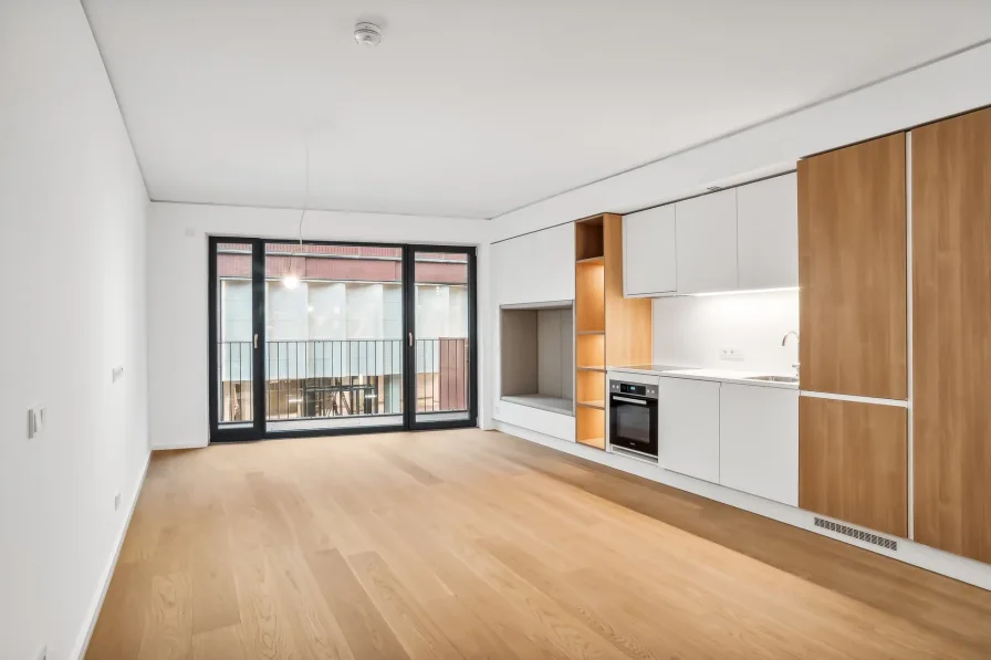 Wohnbereich - Wohnung mieten in HafenCity, Hamburg - Modernes Studio mit Designküche und Loggia im ElevenDecks – Erstbezug!