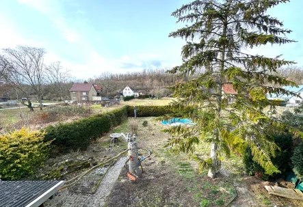 Blick auf das Grundstück - Haus kaufen in Elsteraue OT Predel - Großes Zweifamilienhaus mit Entwicklungspotenzial