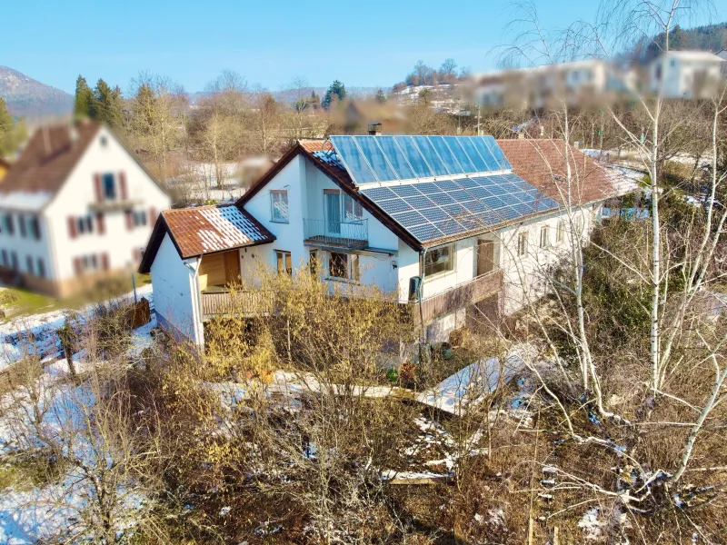 Ausblick über den Garten auf die großzügige Doppelhaushälfte - Haus kaufen in Balingen - Nachhaltige DHH mit riesigem Garten (inkl. 2. Flurstück) in idyllischer Lage