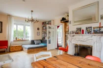 Dining area with a view of the fireplace