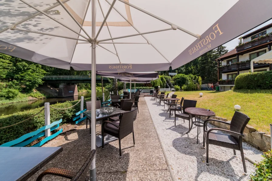 Terrasse & Gartenlandschaft mit Wasserblick