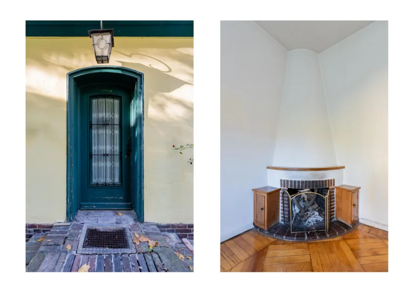 Close-up of entrance door and fireplace Eingangstür und Kamin