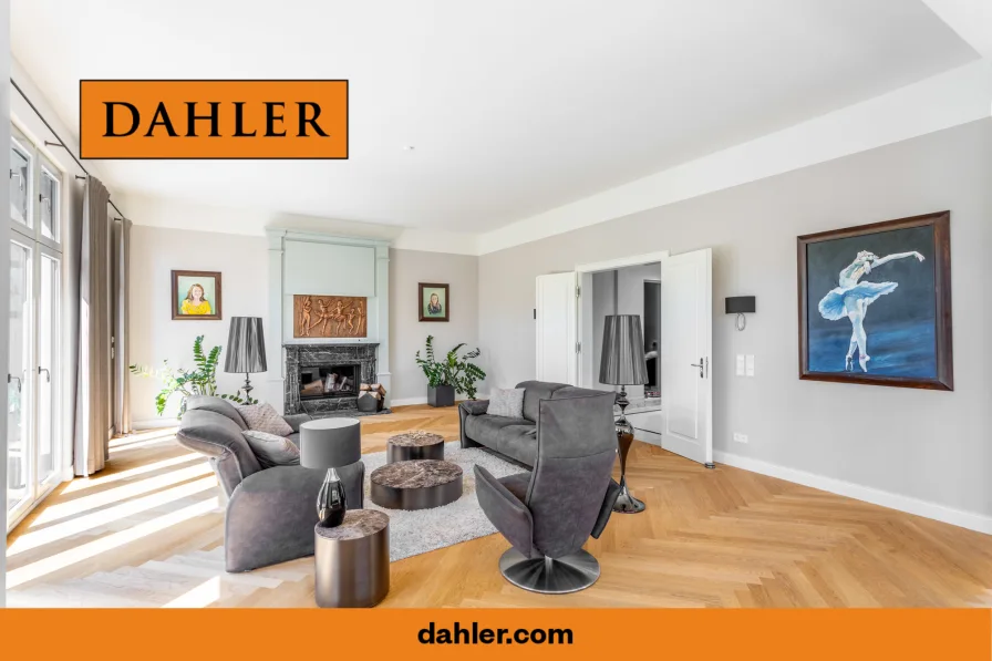 Sonnige Sichtachse mit Blick zum Kamin  - Haus kaufen in Potsdam / Berliner Vorstadt - Classicist architectural gem with 395 m² of living/usable space between Heiliger See and Tiefer See