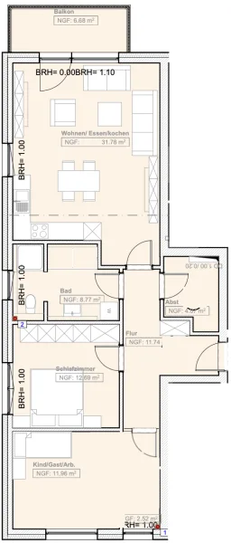 Grundriss G1+G2 (1x offene, 1x geschlossene Küche)