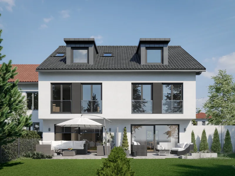 Außenansicht Gartenseite - Haus kaufen in Haar - NEUBAU VON ZWEI MODERNEN UND ENERGIEEFFIZIENTEN REIHENHÄUSERN IN RUHIGER BESTLAGE VON HAAR