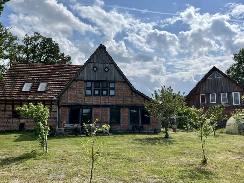 Gartenansicht im Sommer - Haus kaufen in Rahden - Aus 2015 in Alleinlage: Idylle pur beim Wohnen & Arbeiten (E: A/A+; Glasfaser) + weitere Fläche