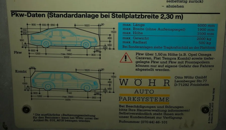 Pkw-Daten bei Stellplatzbreite 2,30m