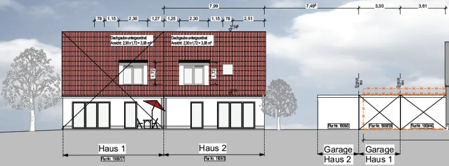 Haus 2 und Garage Ansicht West - Grundstück kaufen in Augsburg / Göggingen - Grundstück mit Baugenehmigung für DHH in der Schafweidsiedlung in Augsburg-Göggingen