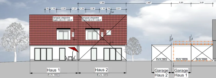 Haus 1 und Garage Ansicht West - Grundstück kaufen in Augsburg / Göggingen - Grundstück mit Baugenehmigung für DHH in der Schafweidsiedlung in Augsburg-Göggingen