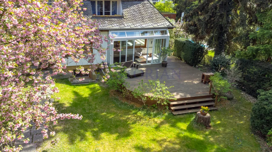 Blick auf Terrasse - Haus kaufen in Berlin - Einzigartiges Einfamilienhaus in Zehlendorf mit malerischem Grundstück