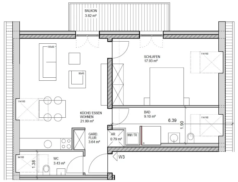 Grundriss Wohnung 3 - Wohnung kaufen in Merzig - NEUBAU in Merzig/Brotdorf - ETW mit 61 m² Wfl. - Tiefgarage - Außenstellplatz - Wärmepumpe - 